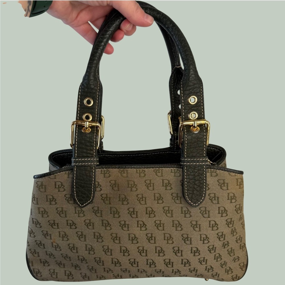 Dooney & Bourke Monogram Signature Canvas Satchel Bag Khaki Olive Green Gold